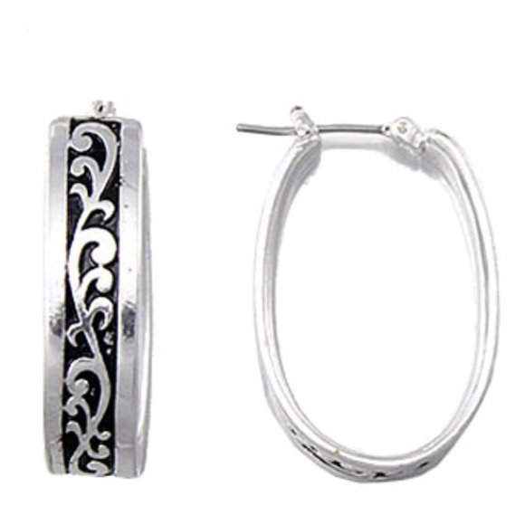 Silver Oval Hoop Earrings Black Filigree Design Designer Look New - Picture 2 of 4